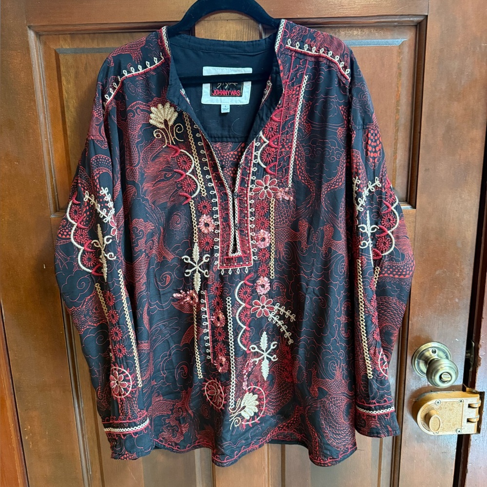 Johnny Was Black and Red Floral Embroidered Blouse